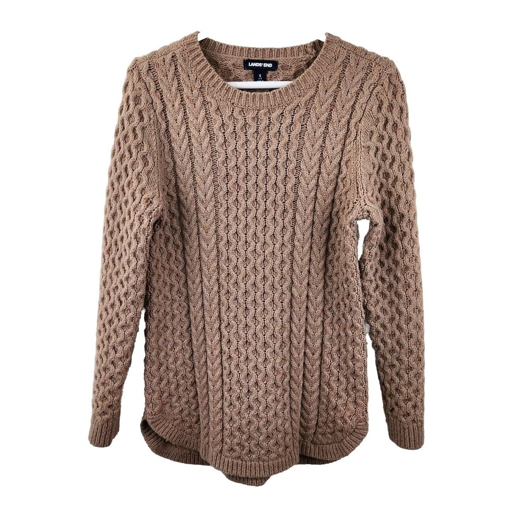 Lands' End Small Tan Donegal Chunky Cable Knit Sweater Women Wool Blend